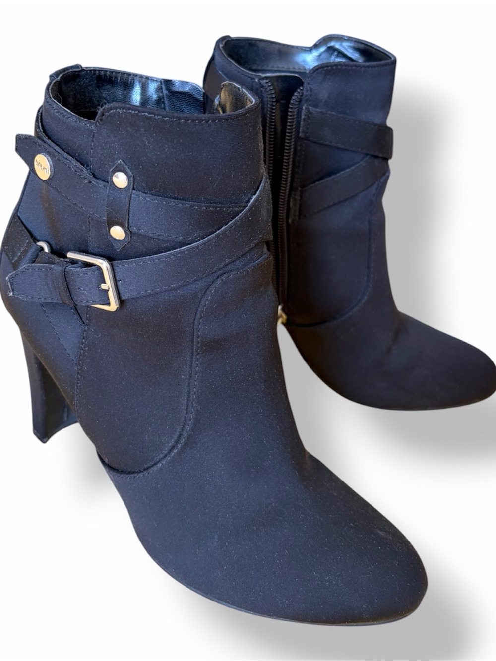 Unisa Black Satin Fabric Ankle Booties with Buckle Detail